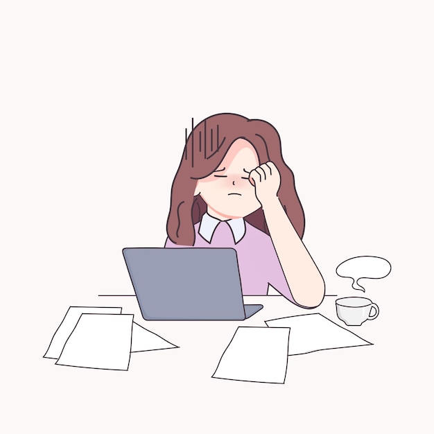 Hand drawn doodle business woman headache from work hardDoodle cartoon style