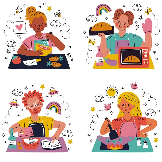 Free Vector hand drawn doodle cooking stickers sticker set