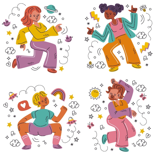 Hand drawn doodle dancer sticker set