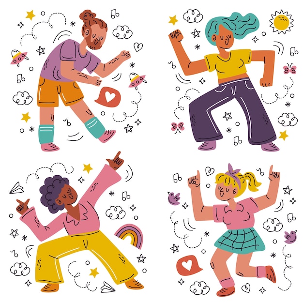 Hand drawn doodle dancer sticker set