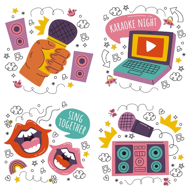 Hand drawn doodle karaoke sticker set