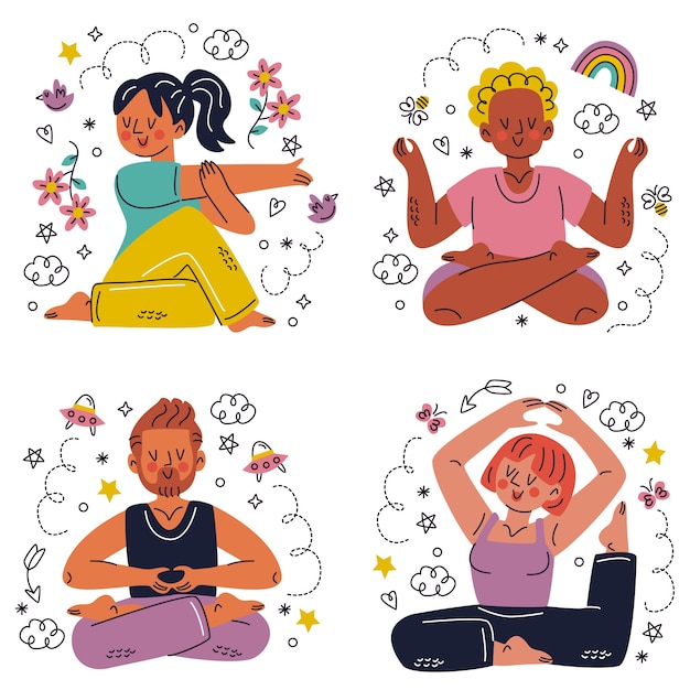 Free Vector hand drawn doodle meditation stickers sticker set