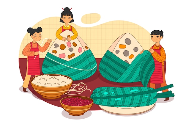 Free Vector hand drawn dragon boat family preparing and eating zongzi illustration