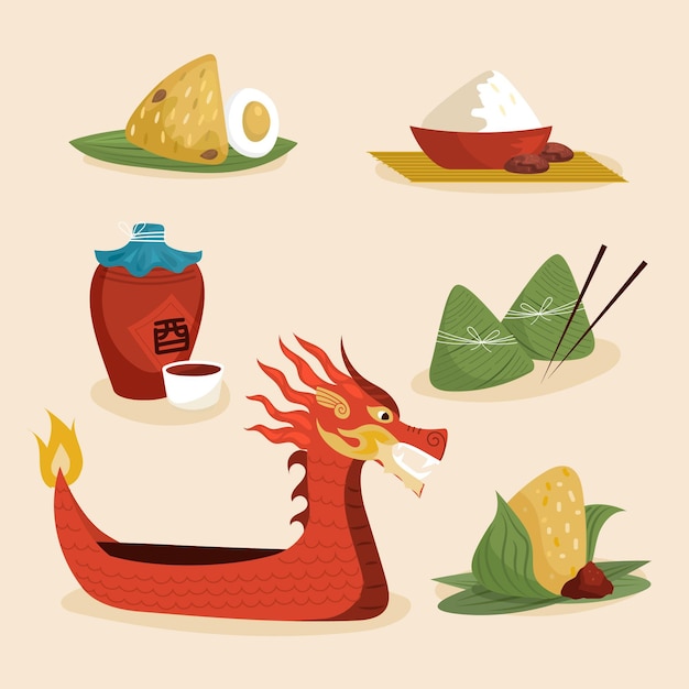 Free Vector hand drawn dragon boat's zongzi collection