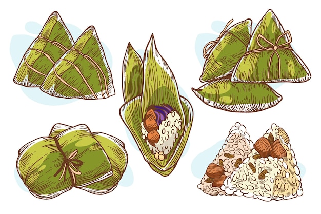 Free Vector hand drawn dragon boat's zongzi collection