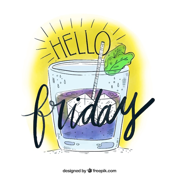 Free Vector hand drawn drink background with text "hello friday"