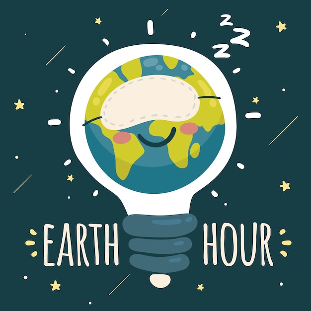 Hand-drawn earth hour illustration with lightbulb and planet sleeping