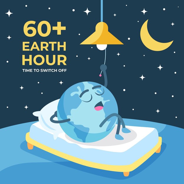 Hand-drawn earth hour illustration with planet in bed switching light off