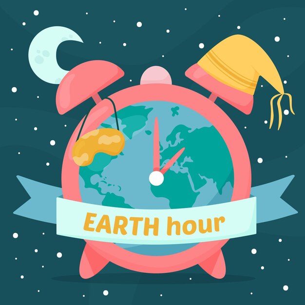 Hand-drawn earth hour illustration with planet and clock