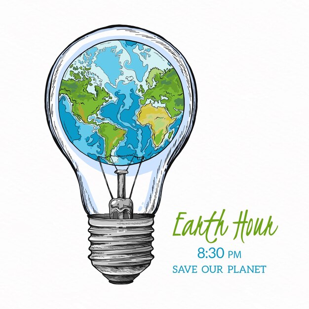 Hand-drawn earth hour illustration with planet and lightbulb