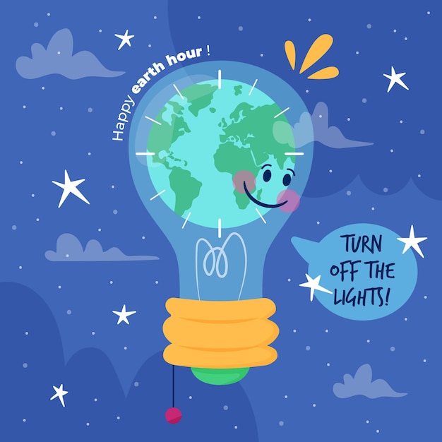 Hand-drawn earth hour illustration with planet and lightbulb