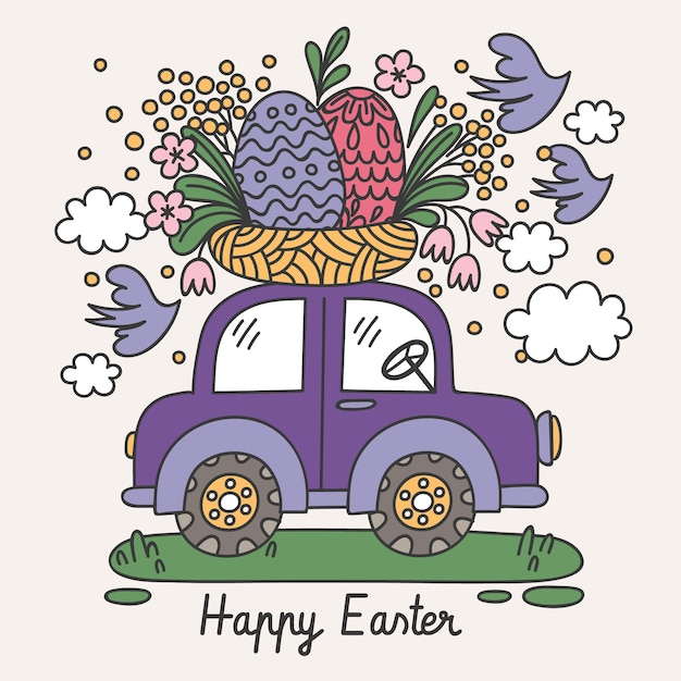 Hand drawn easter car illustration