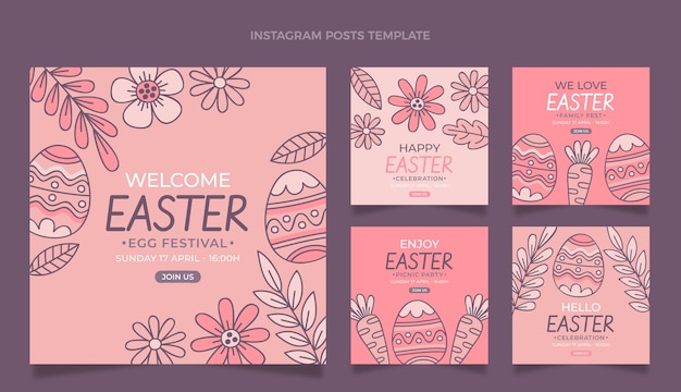 Hand drawn easter instagram posts collection