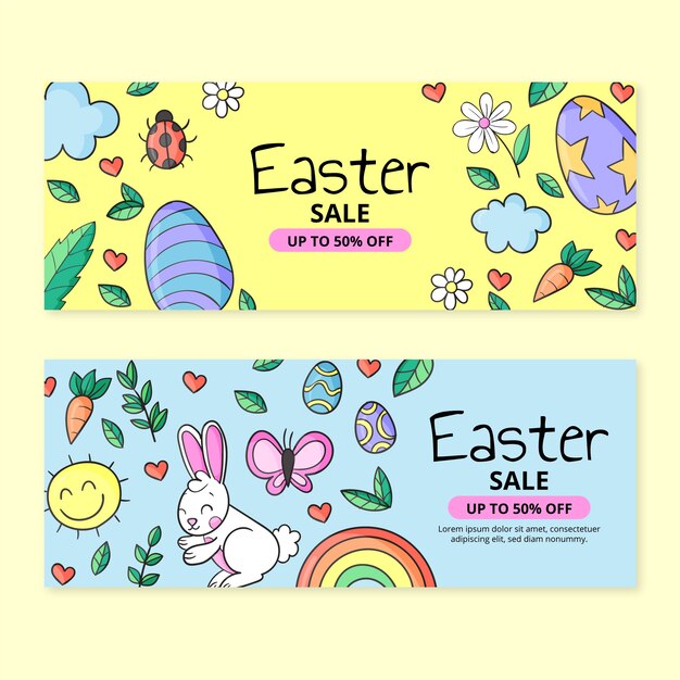 Hand drawn easter sale horizontal banners set