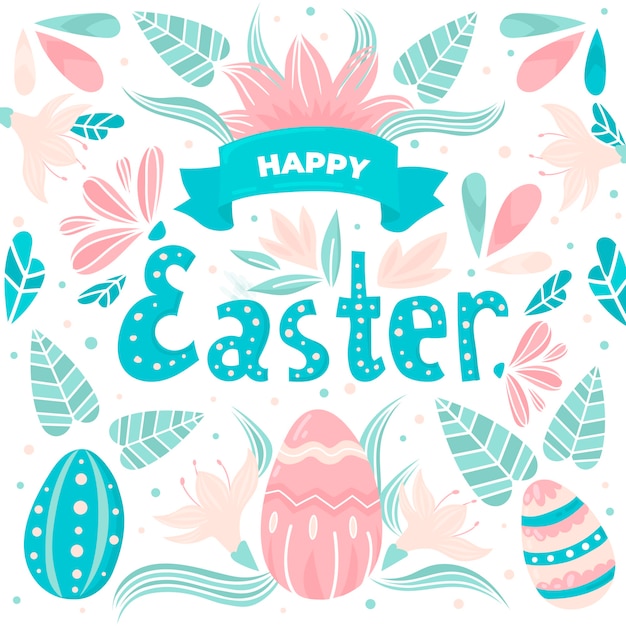 Hand drawn easter with ribbon and leaves