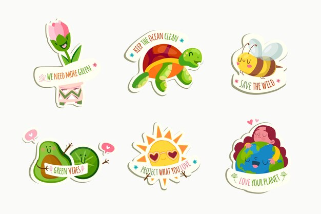 Hand drawn ecology badges with animals and earth