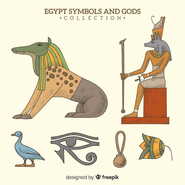 Free Vector hand drawn egyptian symbols and gods collection