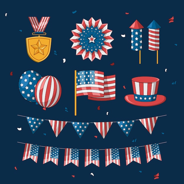 Free vector hand drawn elements collection for american 4th of july celebration