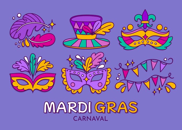 Hand drawn elements collection for mardi gras festival