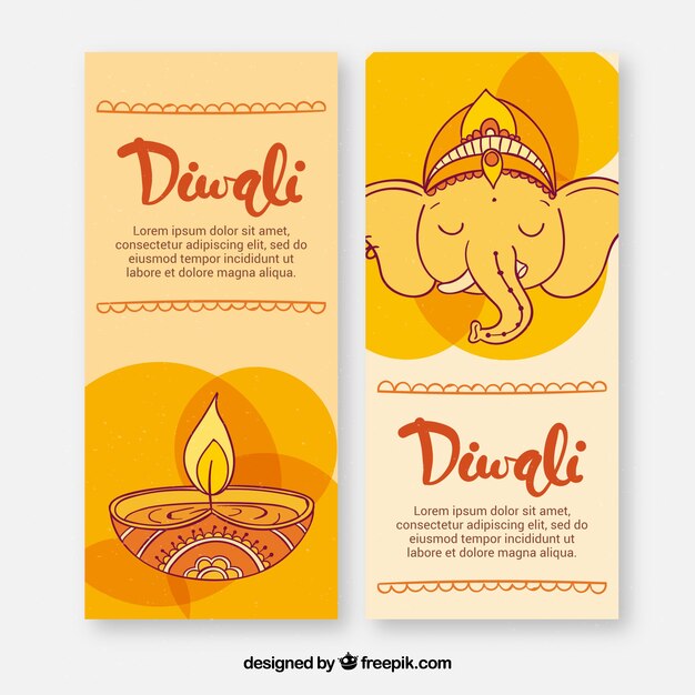 Hand drawn elephant and candle diwali banners