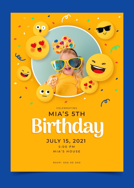 Hand drawn emoji birthday invitation template with photo