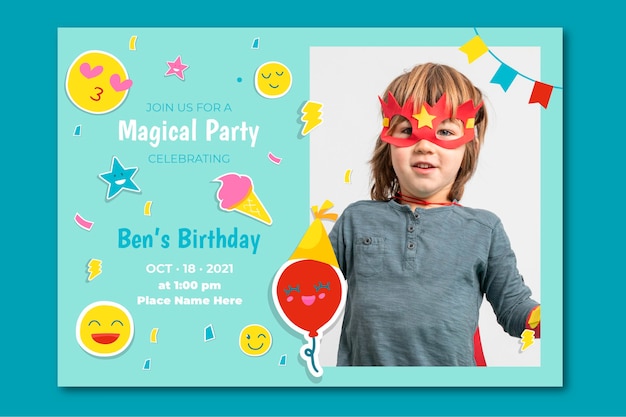 Hand drawn emoji birthday invitation template with photo