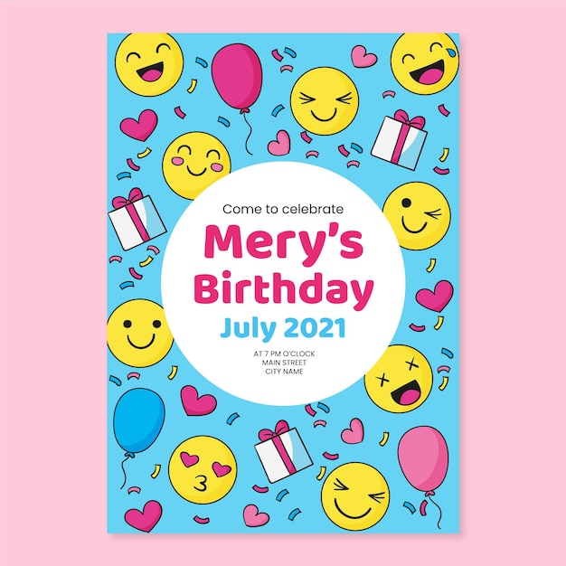 Hand drawn emoji birthday invitation template