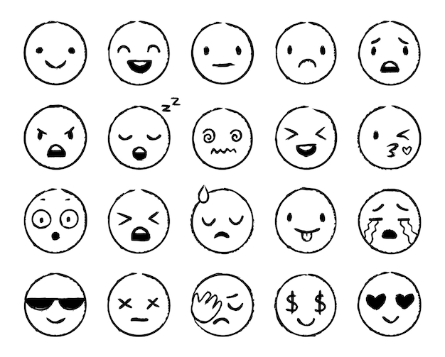 Hand drawn emoji. Doodle emoticons, smile face sketch and grunge ink brush emojis doodles