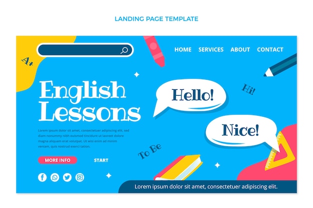 Hand drawn english lessons landing page template