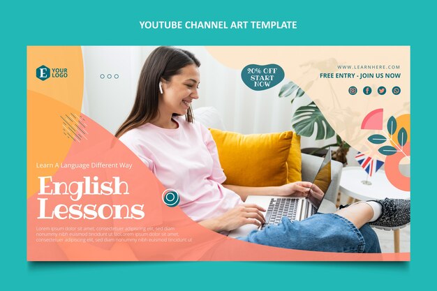 Hand drawn english lessons youtube channel art template