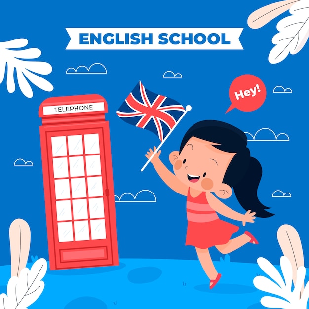 Hand drawn english school illustration with little girl