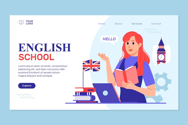 Hand drawn english school landing page  design