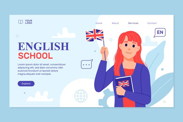 Hand drawn english school landing page  design