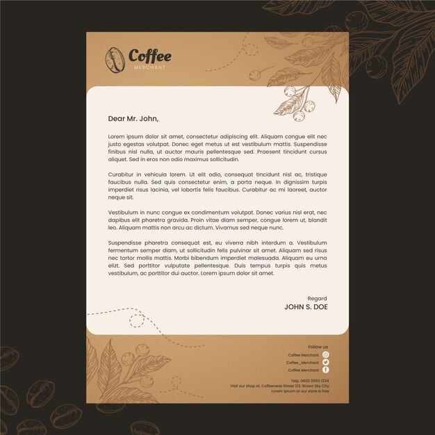 Hand drawn engraving coffee shop letterhead