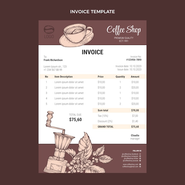 Hand drawn engraving invoice template for coffee shop