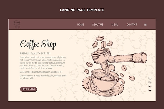 Hand drawn engraving landing page template for coffee shop