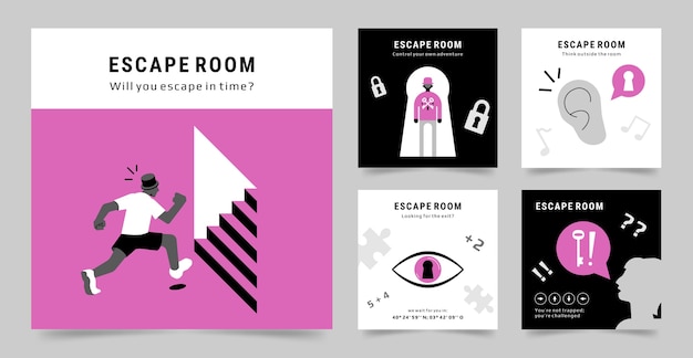 Free Vector hand drawn escape room instagram post set