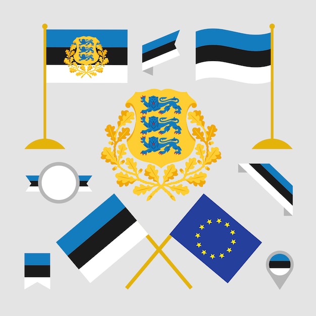 Hand drawn estonia flag and national emblems collection