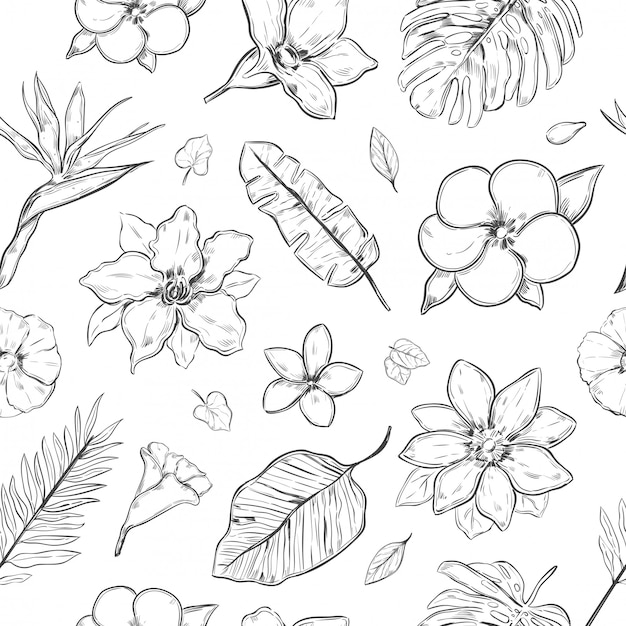 Hand Drawn Exotic Plants Seamless Pattern