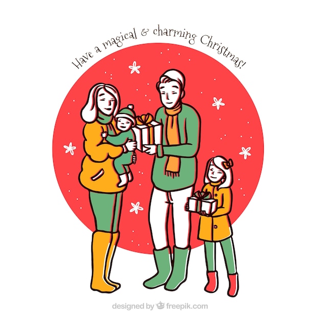 Free vector hand drawn family christmas scene