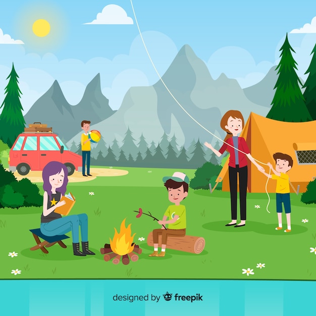 Hand drawn family doing outdoors activities background