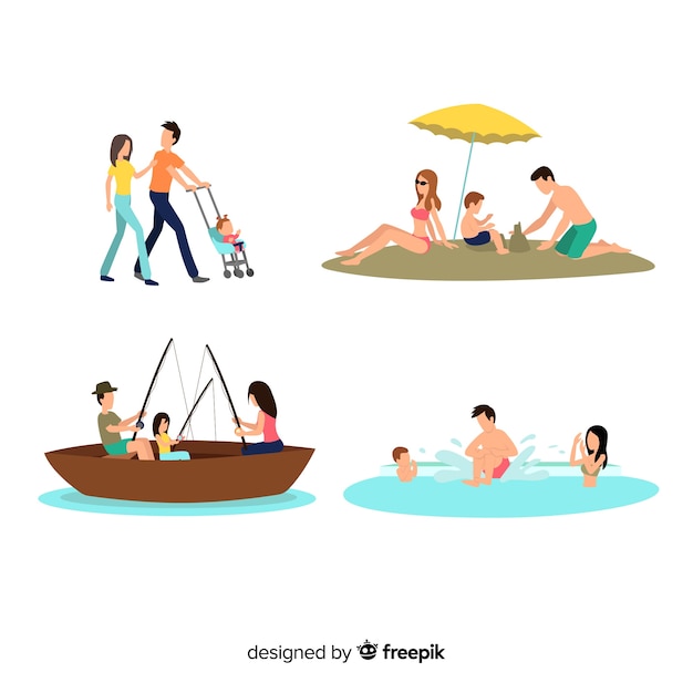 Free Vector hand drawn family doing outdoors activities collection