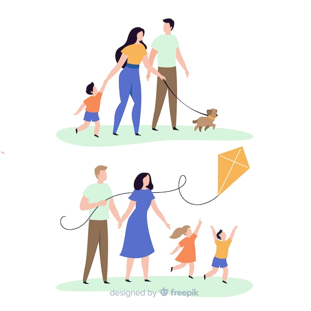 Hand drawn family doing outdoors activities collection