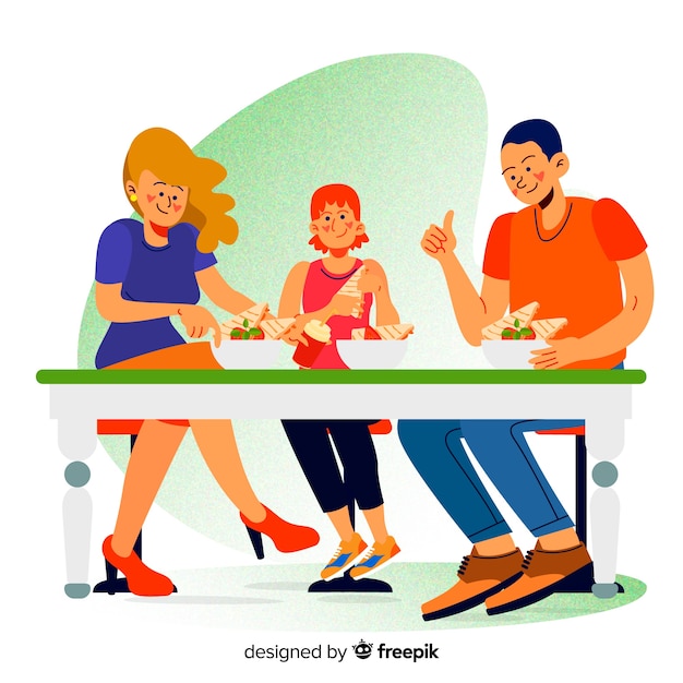 Free Vector hand drawn family eating together scene