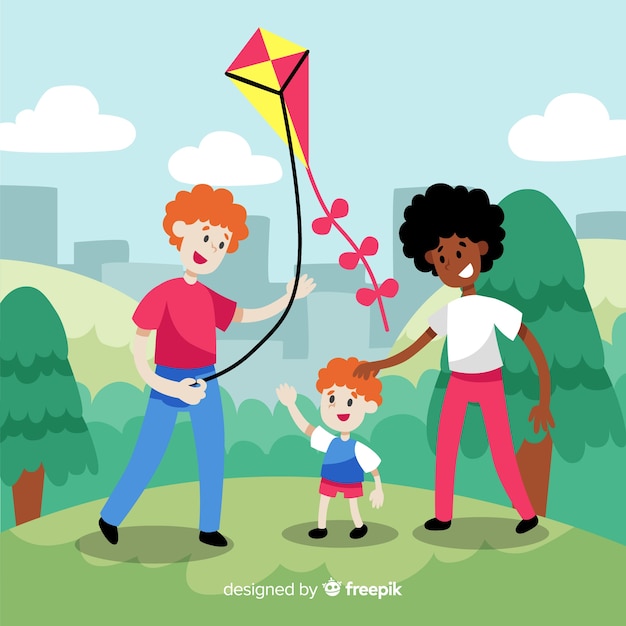 Hand drawn family flying a kite illustration