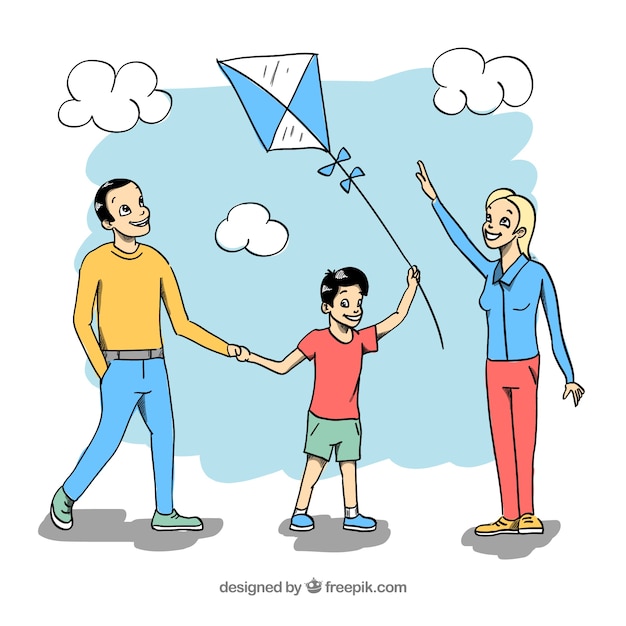 Hand drawn family playing with kite