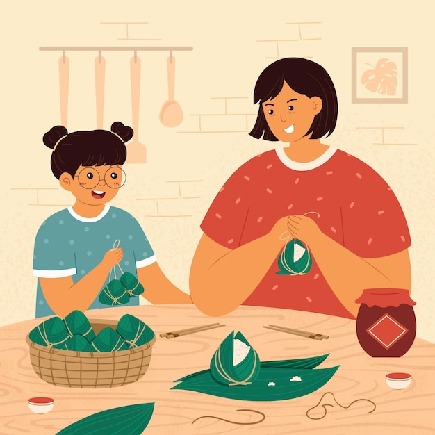 Free Vector hand drawn family preparing and eating zongzi