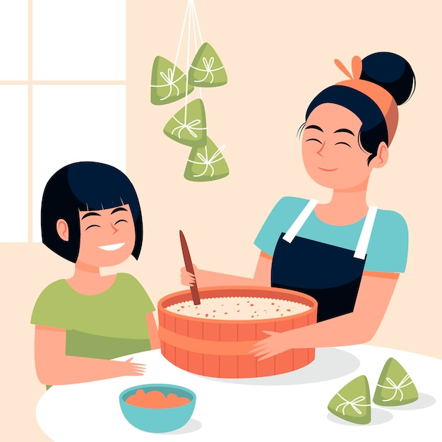 Free Vector hand drawn family preparing zongzi