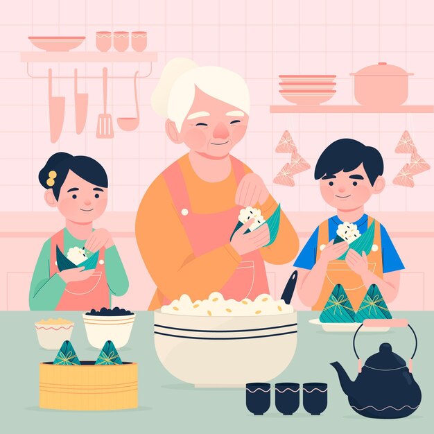 Hand drawn family preparing zongzi