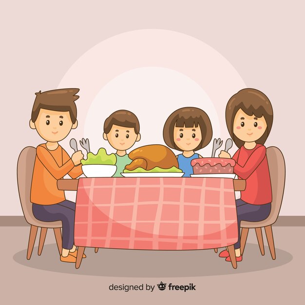 Hand drawn family sitting around table illustration